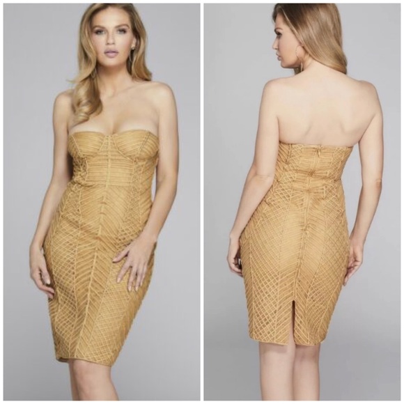 Marciano Axel embellished corded lace strapless gold dress women’s large - Picture 4 of 16